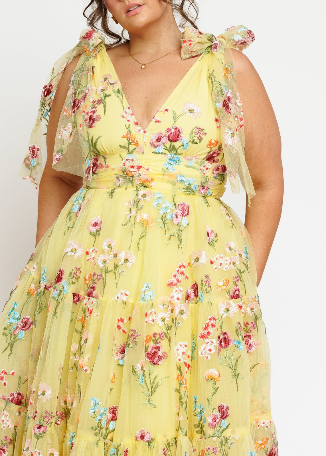 Margaret Floral Embroidered Midi Dress Yellow - JUSTLUXURY