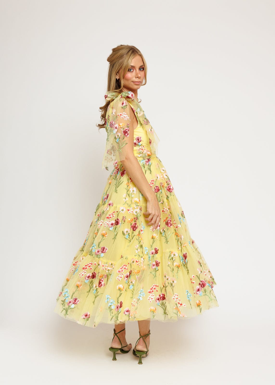 Margaret Floral Embroidered Midi Dress Yellow - JUSTLUXURY