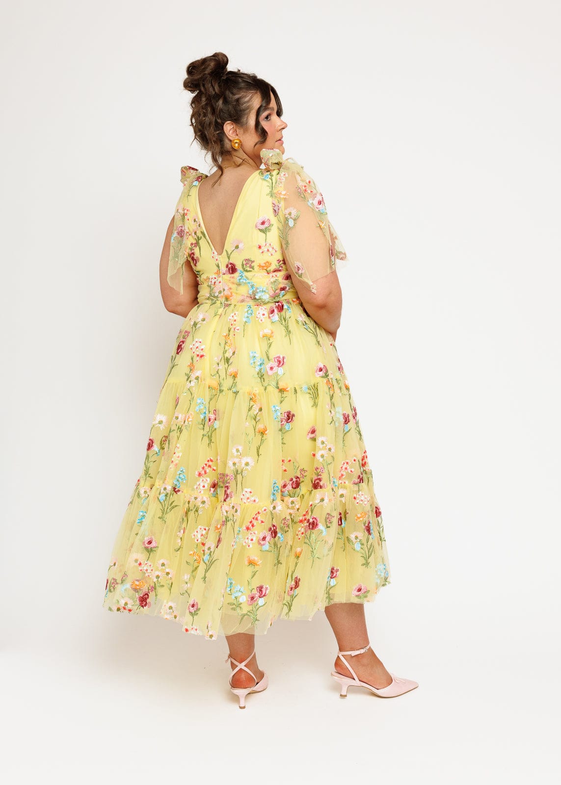 Margaret Floral Embroidered Midi Dress Yellow - JUSTLUXURY