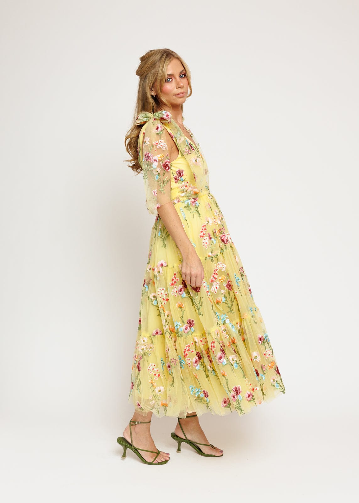Margaret Floral Embroidered Midi Dress Yellow - JUSTLUXURY