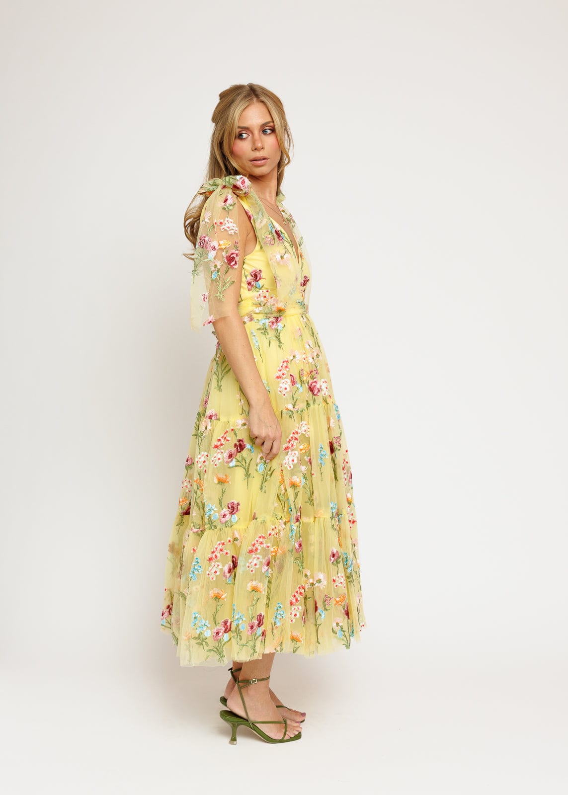 Margaret Floral Embroidered Midi Dress Yellow - JUSTLUXURY