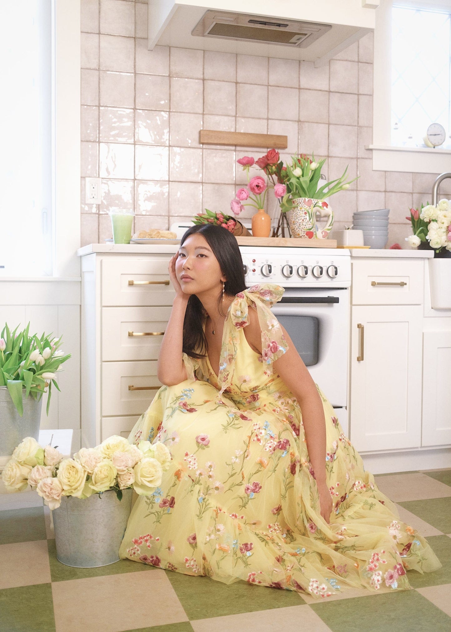 Margaret Floral Embroidered Midi Dress Yellow - JUSTLUXURY