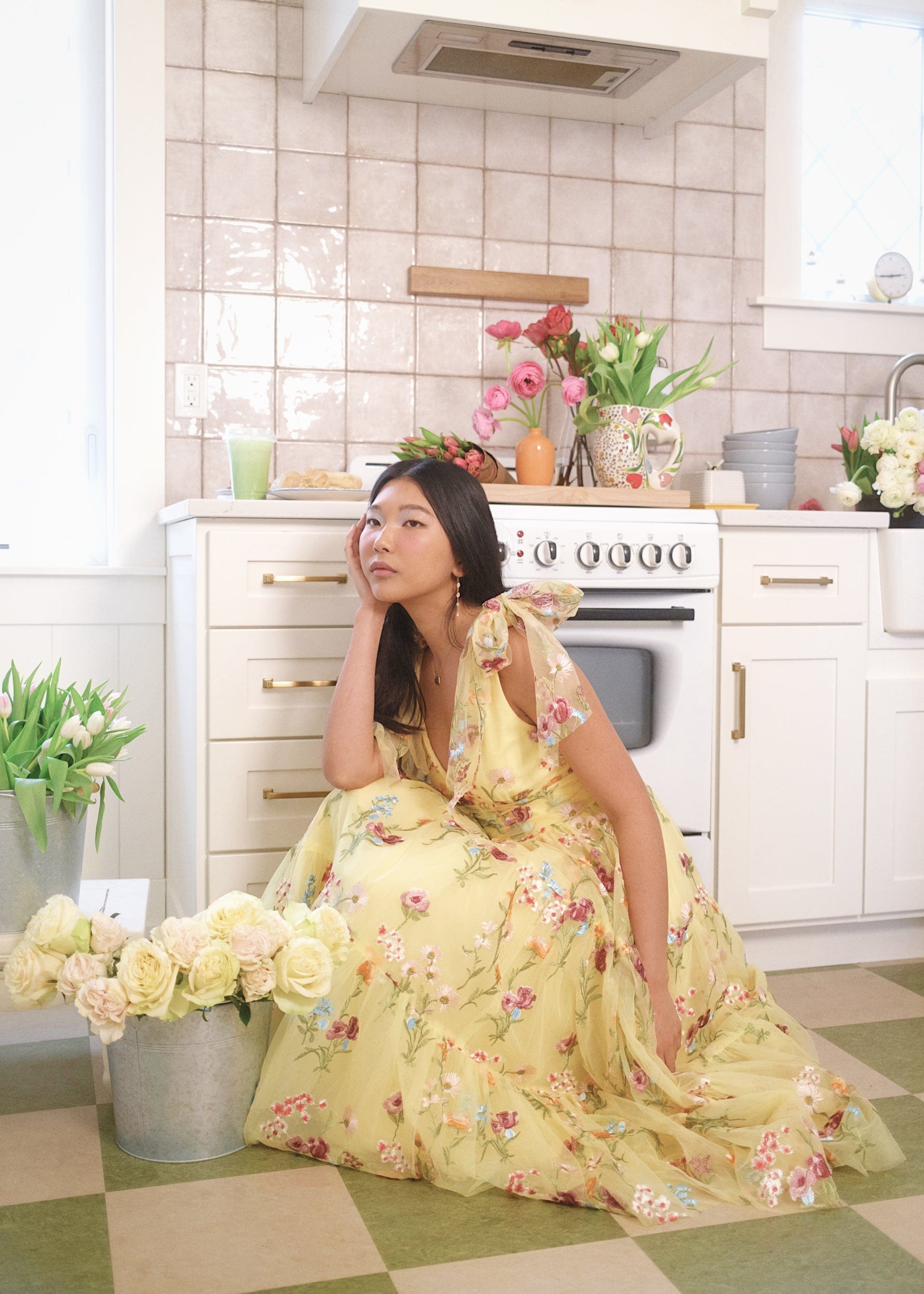Margaret Floral Embroidered Midi Dress Yellow - JUSTLUXURY