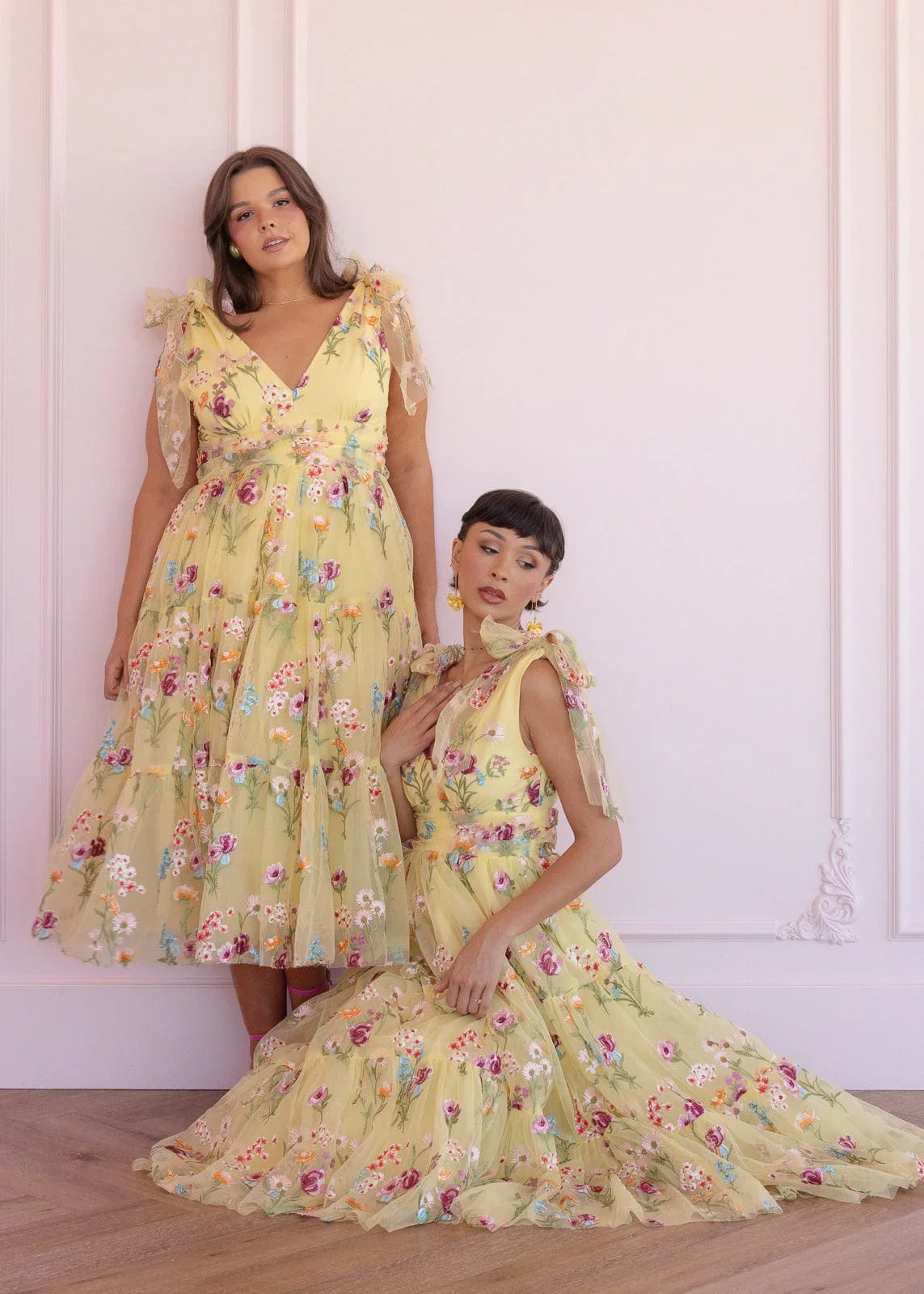 Margaret Floral Embroidered Midi Dress Yellow - JUSTLUXURY