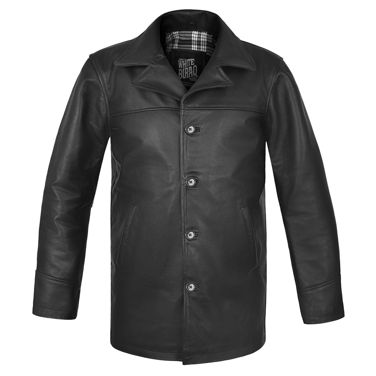 Men's Black Cowhide Car Coat with Plaid Lining