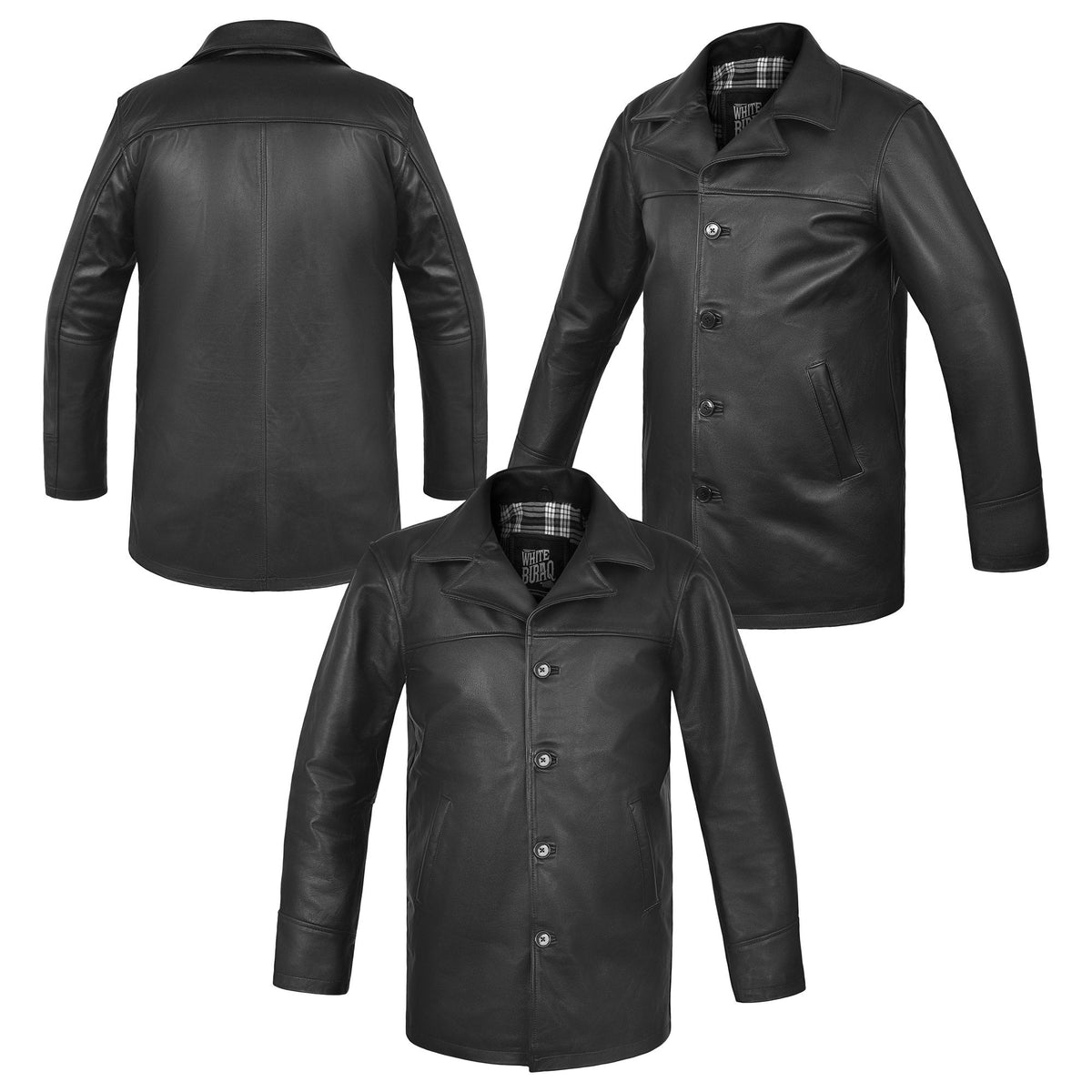 Men's Black Cowhide Car Coat with Plaid Lining