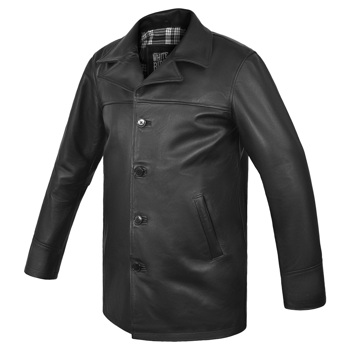 Men's Black Cowhide Car Coat with Plaid Lining