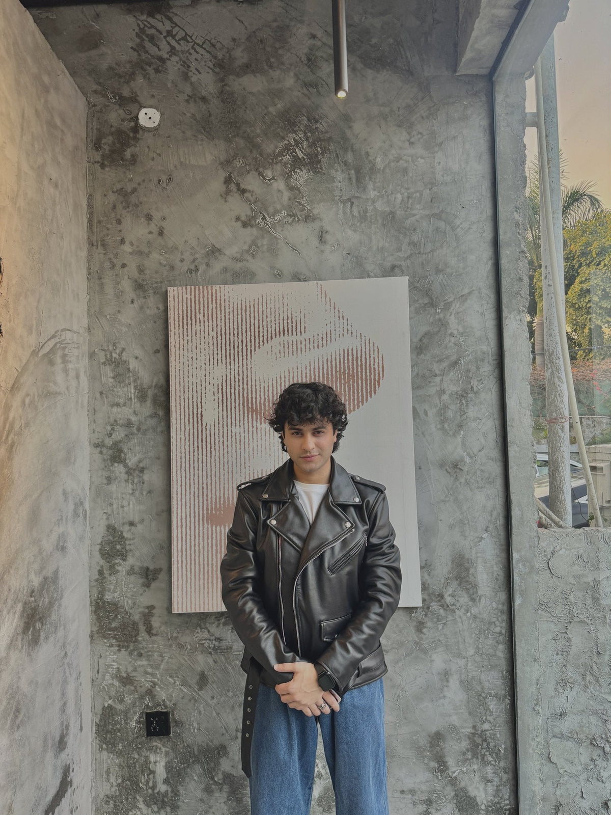 Men's Black Leather Belted Biker Jacket