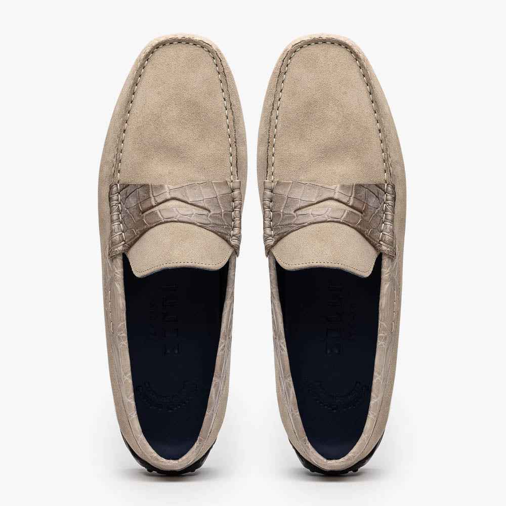 31-160-SND MONZA Sueded Calfskin with Crocodile Driver Sand