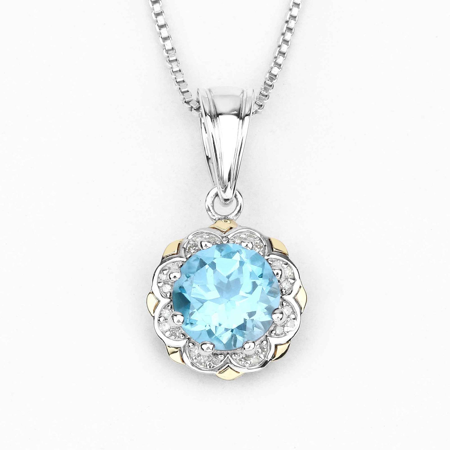 2.32 Carat Genuine Swiss Blue Topaz & White Diamond 14K Yellow Gold with .925 Silver Pendant
