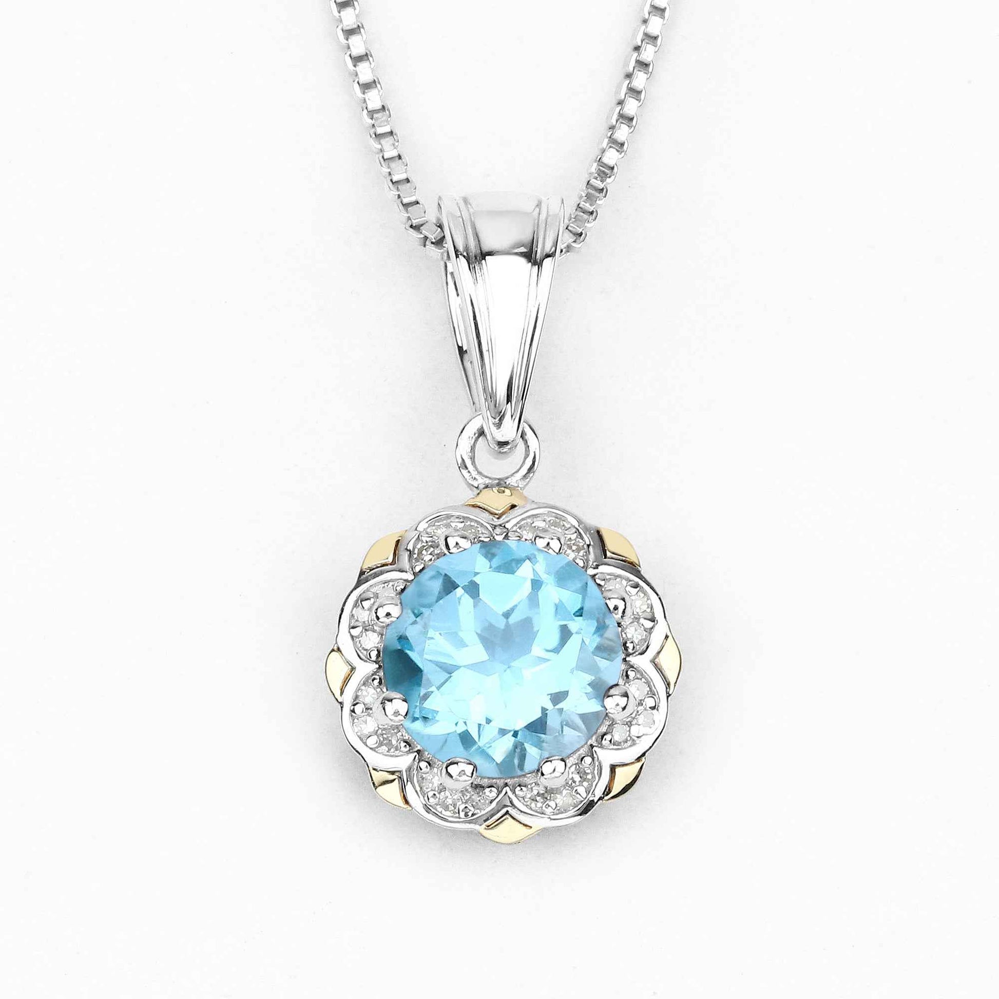 2.32 Carat Genuine Swiss Blue Topaz & White Diamond 14K Yellow Gold with .925 Silver Pendant