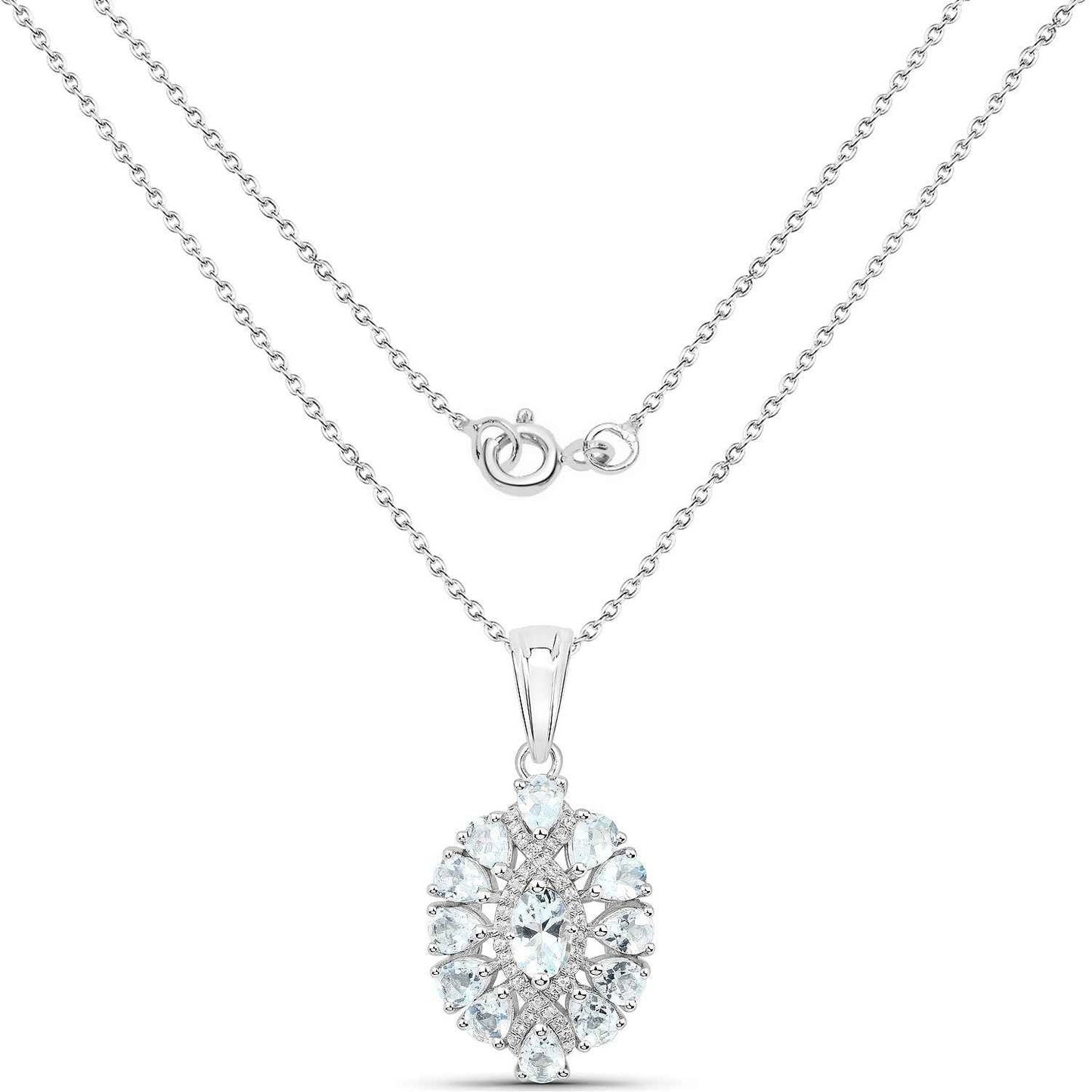 1.89 Carat Genuine Aquamarine and White Topaz .925 Sterling Silver Pendant