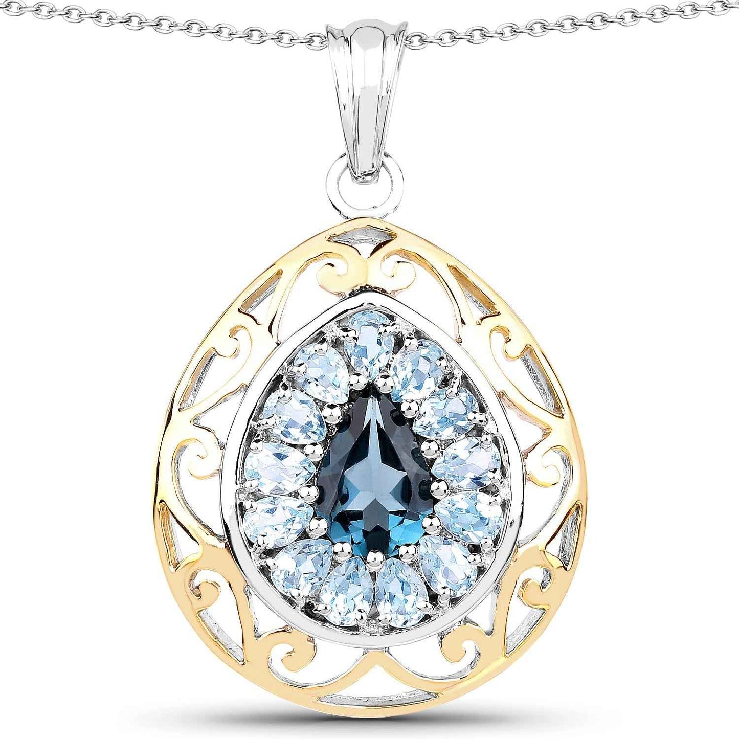 18K Yellow Gold Plate 4.44 Carat Genuine London Blue Topaz & Blue Topaz .925 Sterling Silver Pendant