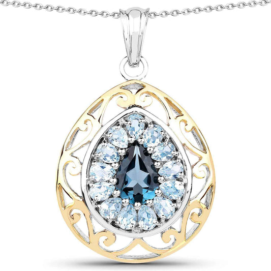 18K Yellow Gold Plate 4.44 Carat Genuine London Blue Topaz & Blue Topaz .925 Sterling Silver Pendant