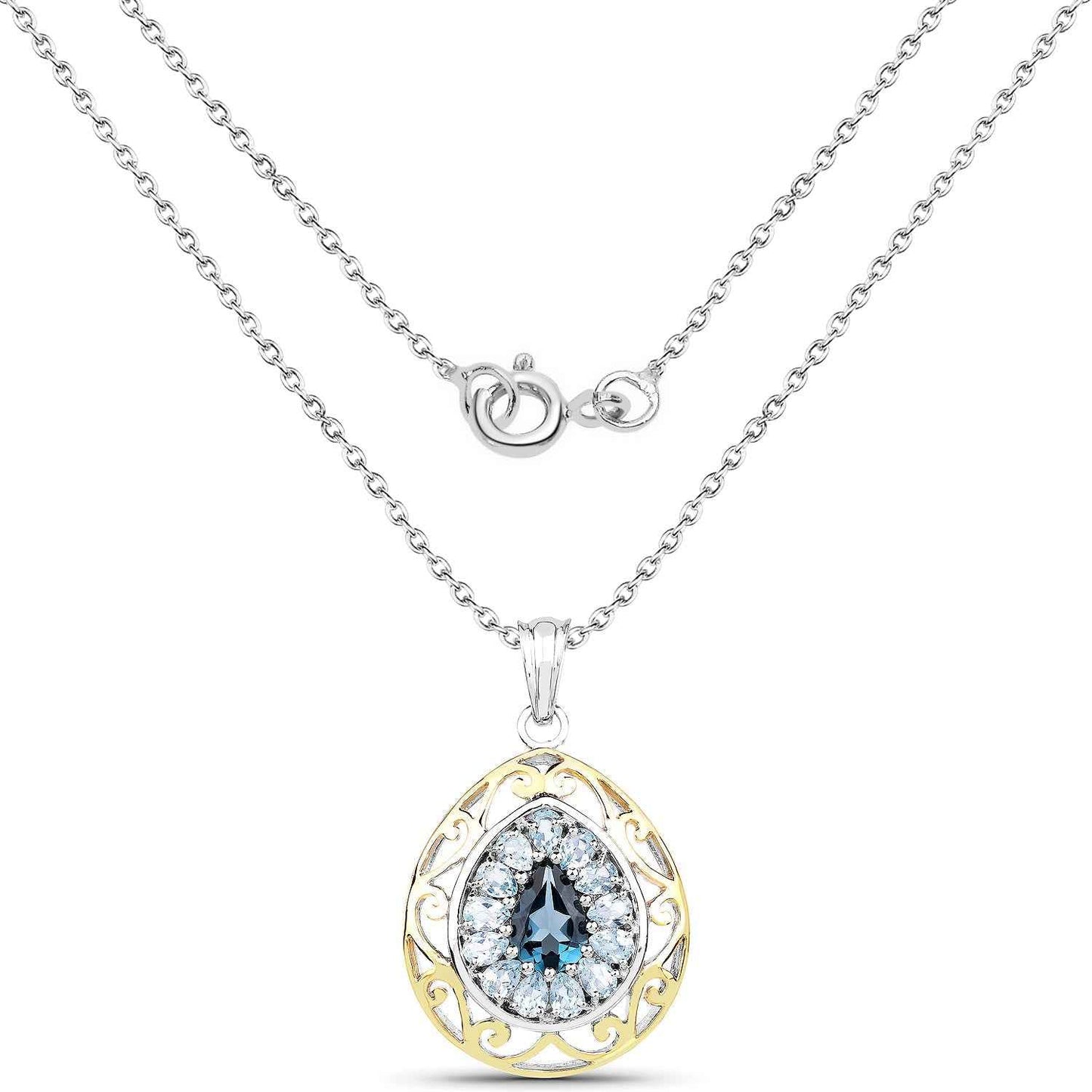 18K Yellow Gold Plate 4.44 Carat Genuine London Blue Topaz & Blue Topaz .925 Sterling Silver Pendant