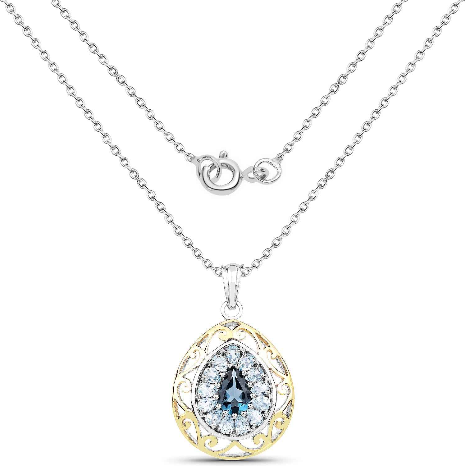 18K Yellow Gold Plate 4.44 Carat Genuine London Blue Topaz & Blue Topaz .925 Sterling Silver Pendant