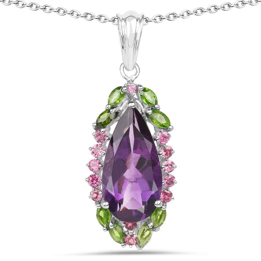 6.22 Carat Genuine Amethyst, Chrome Diopside and Rhodolite .925 Sterling Silver Pendant