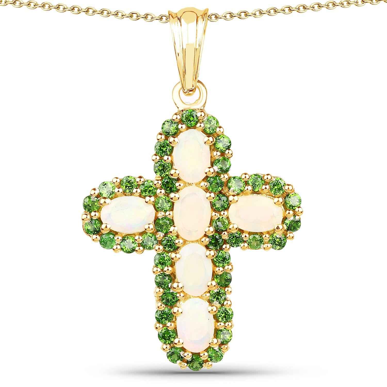 14K Yellow Gold Plate 3.11 Carat Genuine Ethiopian Opal & Chrome Diopside .925 Silver Pendant