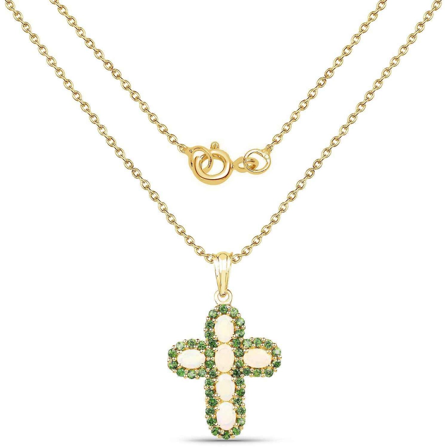 14K Yellow Gold Plate 3.11 Carat Genuine Ethiopian Opal & Chrome Diopside .925 Silver Pendant