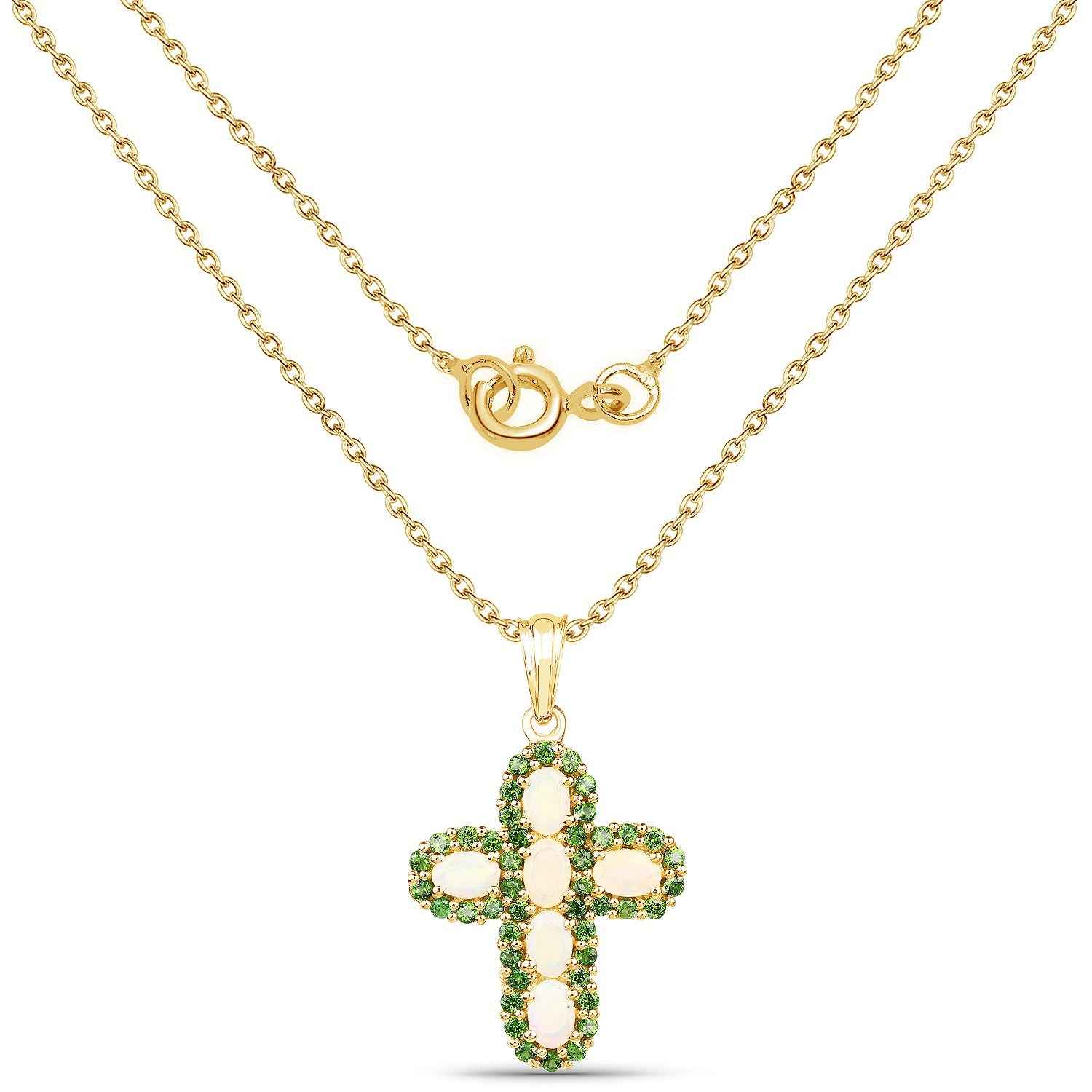 14K Yellow Gold Plate 3.11 Carat Genuine Ethiopian Opal & Chrome Diopside .925 Silver Pendant