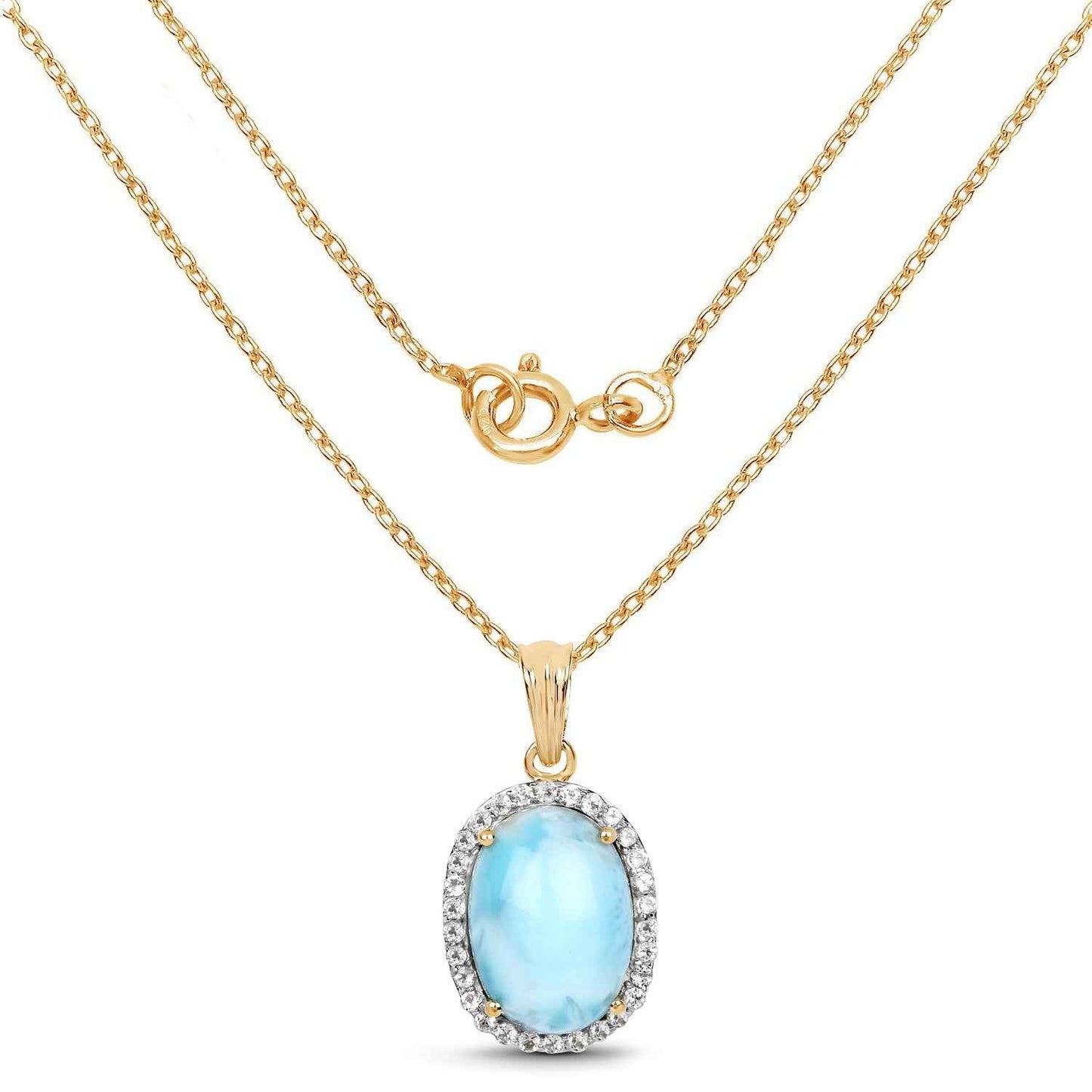 14K Yellow Gold Plated 13.55 Carat Genuine Larimar and White Topaz .925 Sterling Silver Pendant