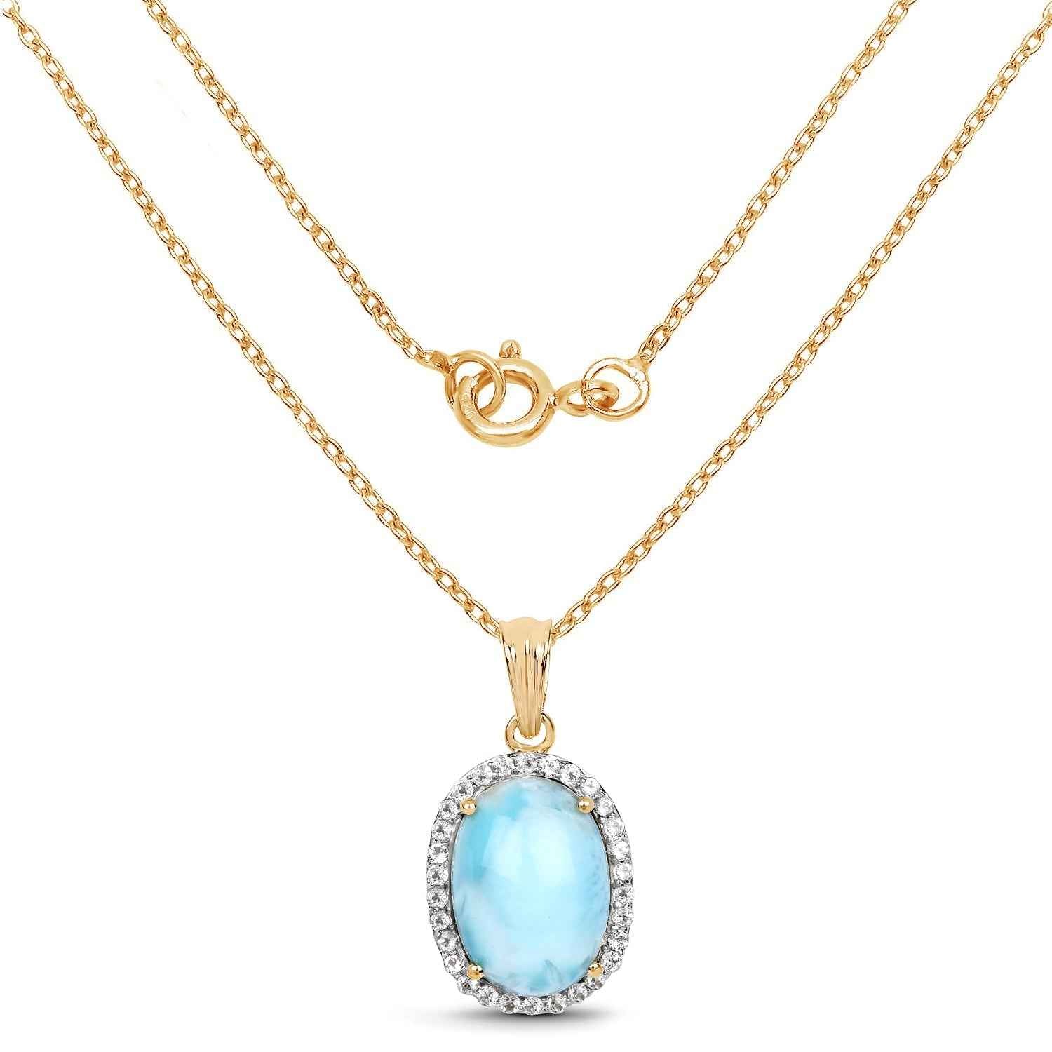 14K Yellow Gold Plated 13.55 Carat Genuine Larimar and White Topaz .925 Sterling Silver Pendant