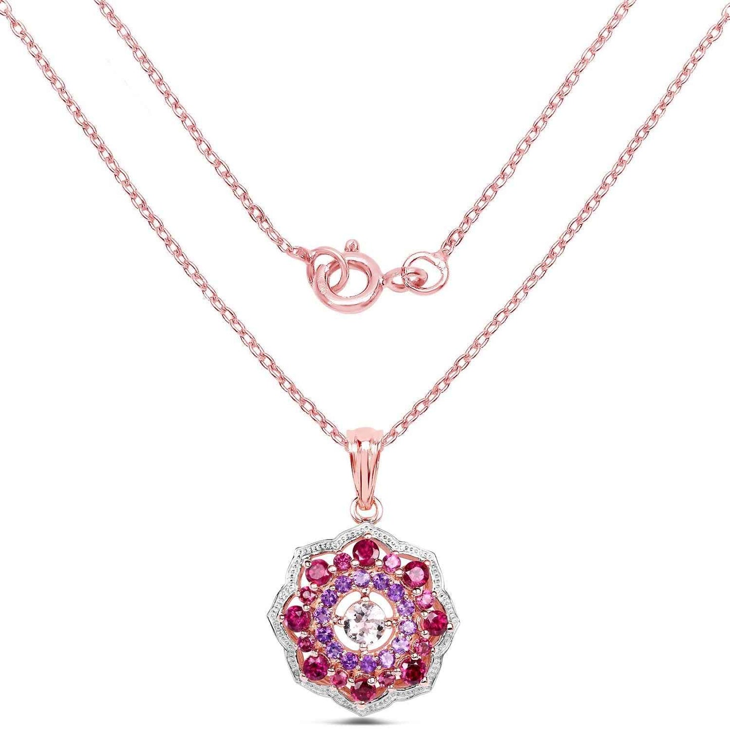 14K Rose Gold Plated 2.30 Carat Genuine Morganite, Rhodolite & Amethyst .925 Sterling Silver Pendant