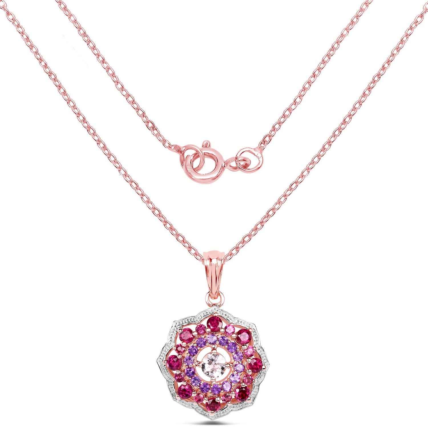 14K Rose Gold Plated 2.30 Carat Genuine Morganite, Rhodolite & Amethyst .925 Sterling Silver Pendant