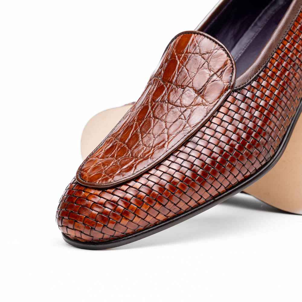 11-620-CGN PALIO Genuine Crocodile and Calfskin Basketweave Slip On, Cognac