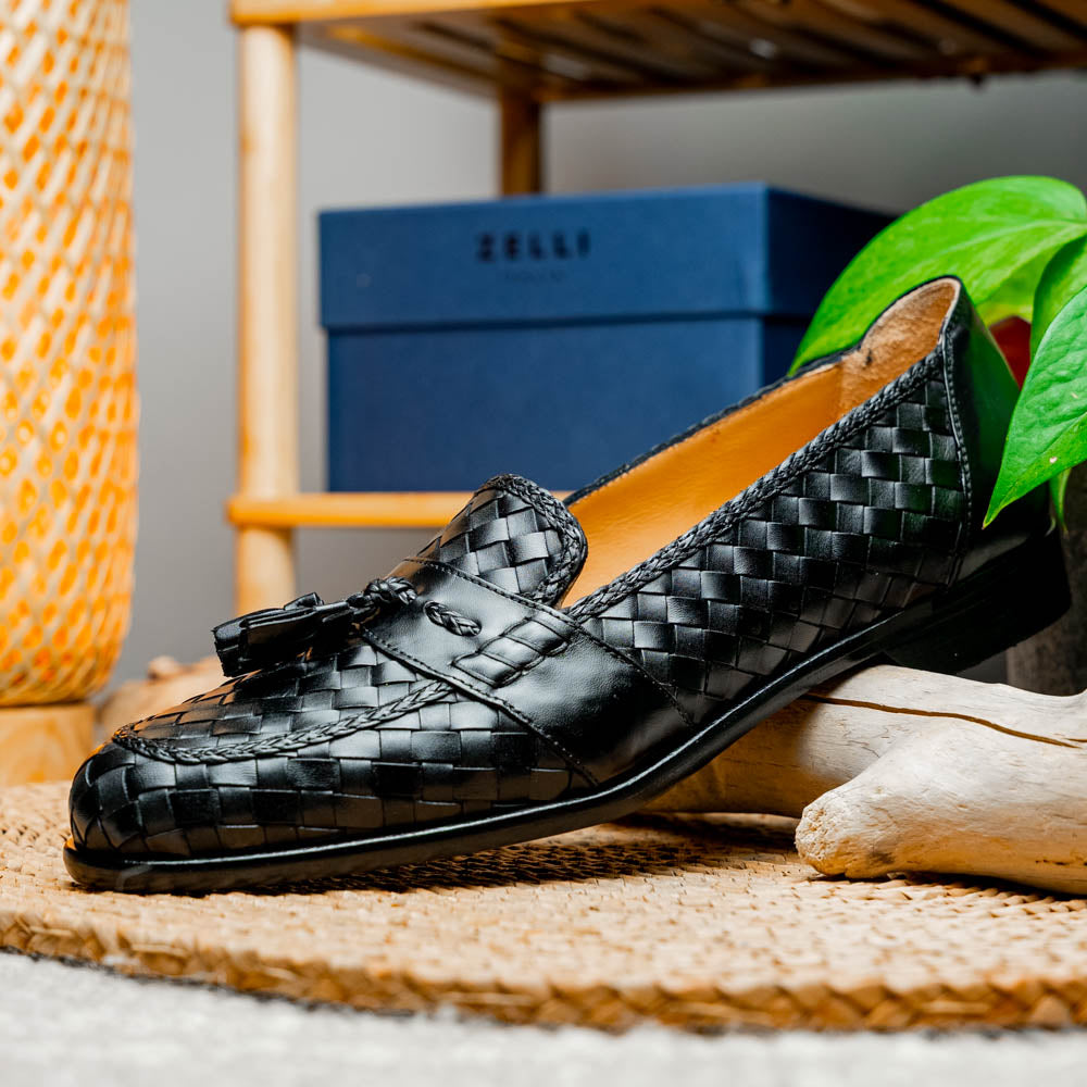 15-250-BLK RIVIERA Basketweave Calfskin Tassel Loafer, Black
