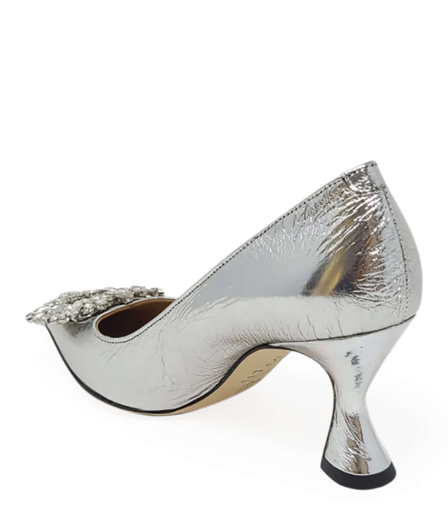 Silver  Leather Kitten Heel Pump - JUSTLUXURY
