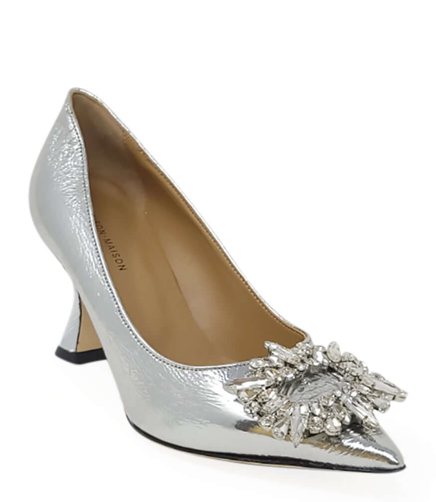 Silver  Leather Kitten Heel Pump - JUSTLUXURY