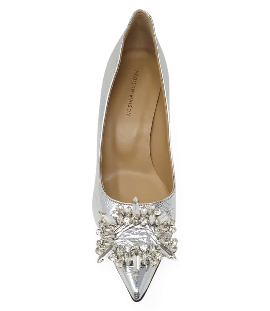 Silver  Leather Kitten Heel Pump - JUSTLUXURY