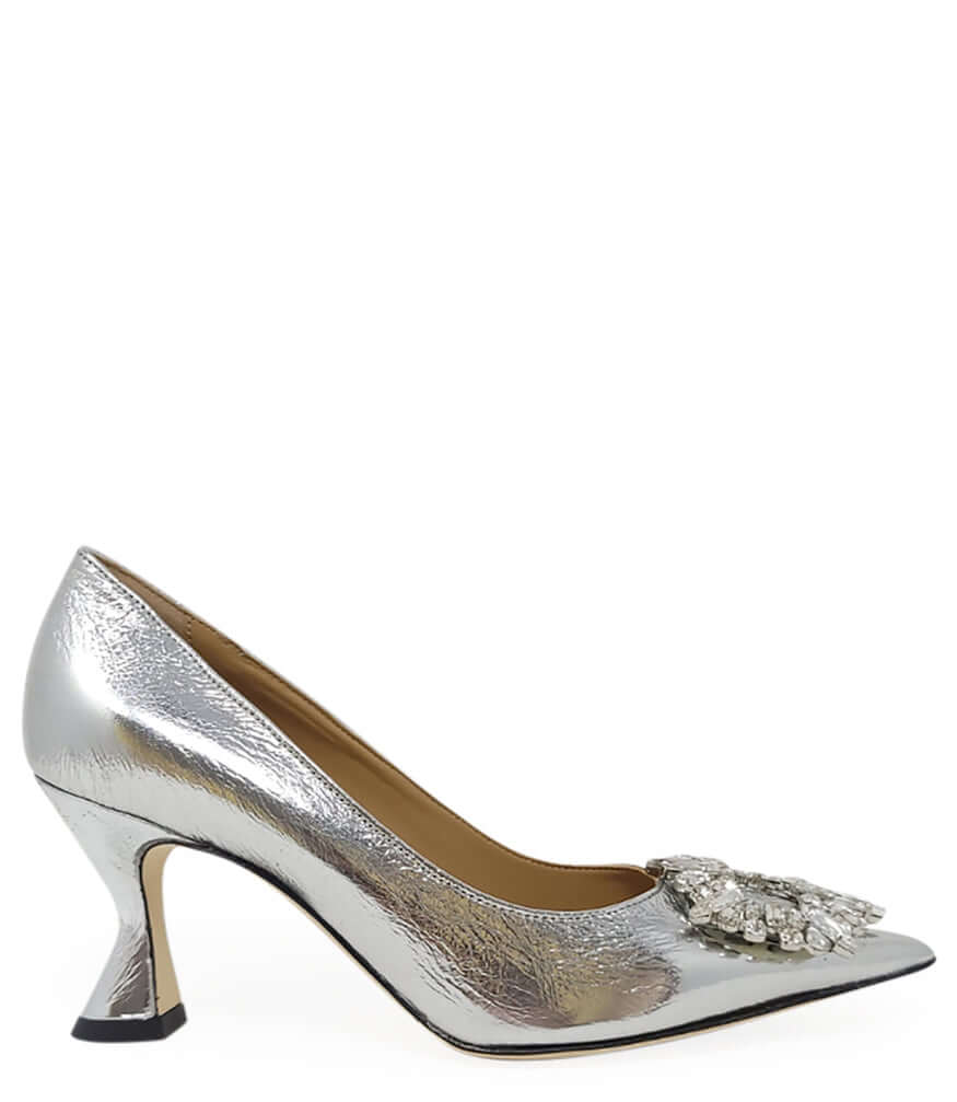 Silver  Leather Kitten Heel Pump - JUSTLUXURY