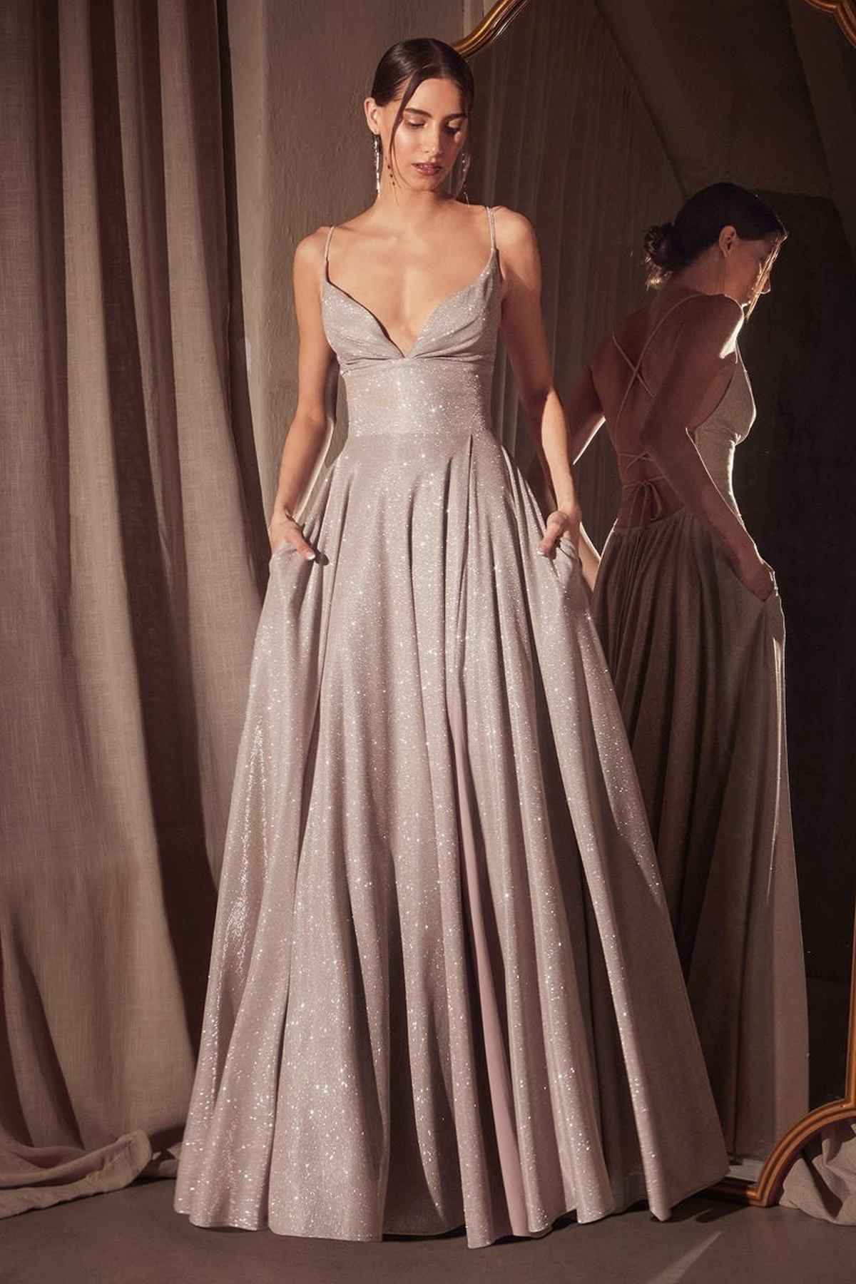 Ladivine Amoris T214 Sleeveless Spaghetti Strap A-Line Glitter Gown