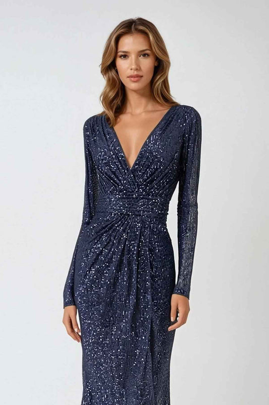 Ladivine Amoris T807 Knee Length Long Sleeve Sequin Dress V-Neckline