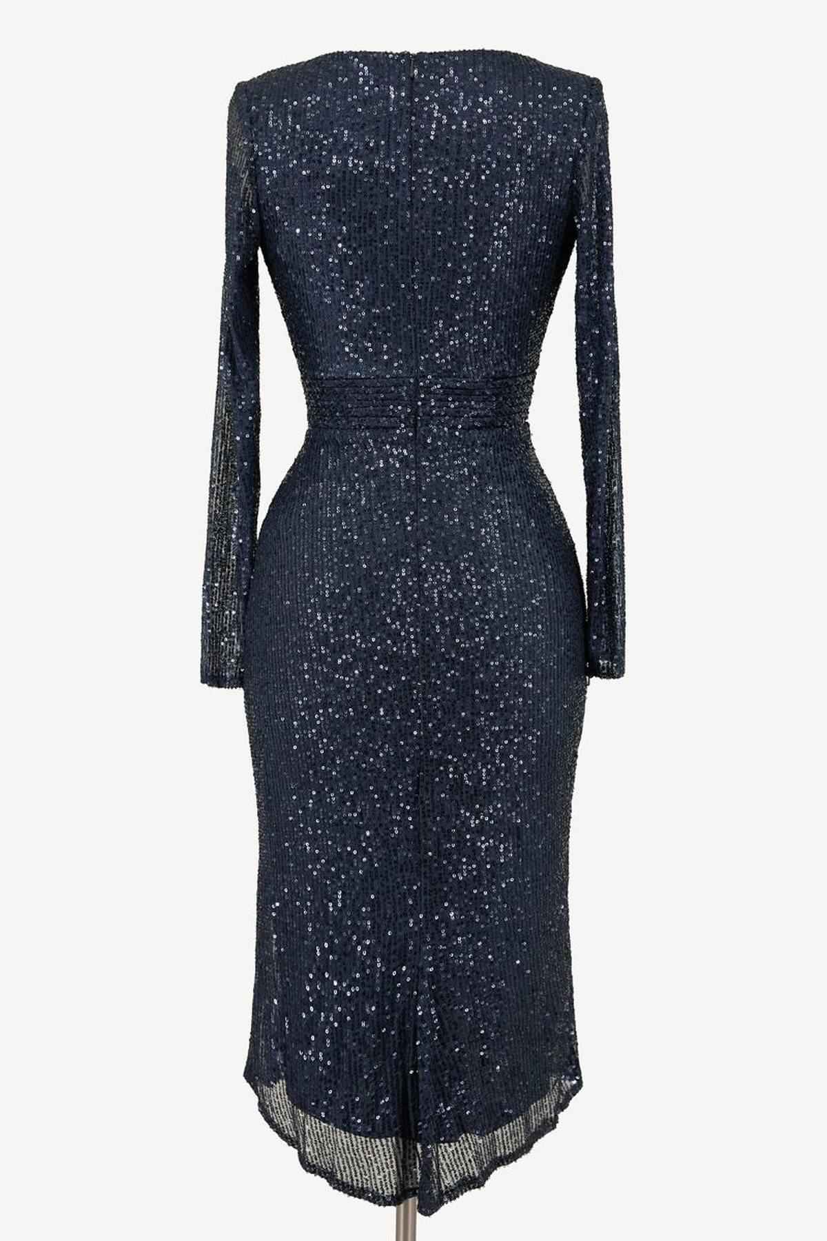 Ladivine Amoris T807 Knee Length Long Sleeve Sequin Dress V-Neckline