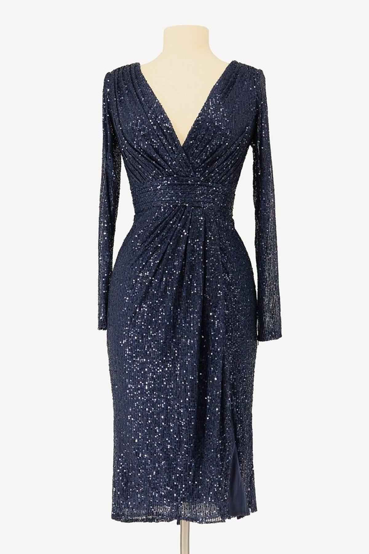 Ladivine Amoris T807 Knee Length Long Sleeve Sequin Dress V-Neckline