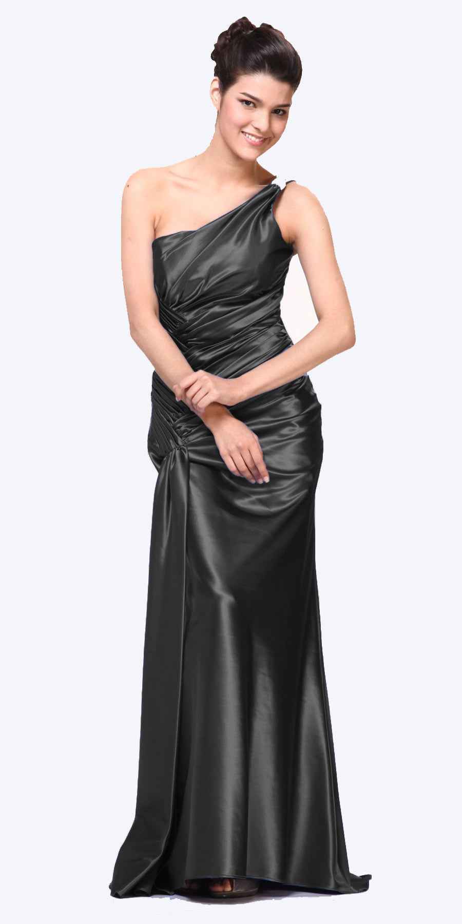 CLEARANCE - Cinderella Divine 7702 Rhinestone Straps One Shoulder Long Satin Gown (Size 2XL)