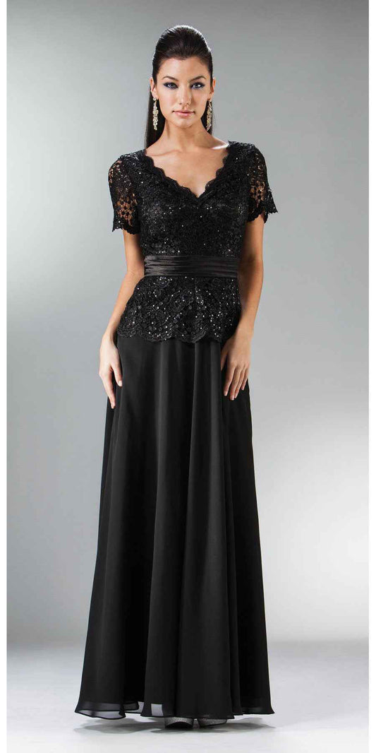CLEARANCE - Cinderella Divine 1452 - Floor Length Black Dress Lace Top V-Neck (Size 2XL)