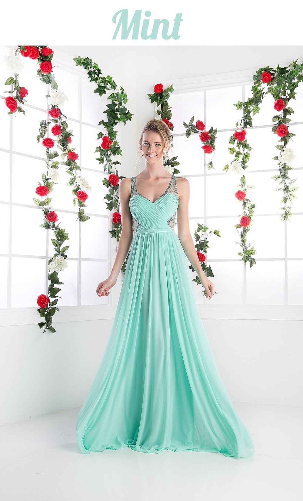 Cinderella Divine 5061 Sheer Beaded Strap Flowy Evening Dress